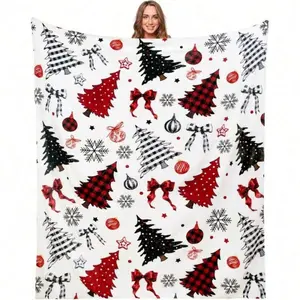 Buffalo plaid Christmas tree blanket, flannel shawl, soft and lightweight, red and black stripes, snowflake pattern.