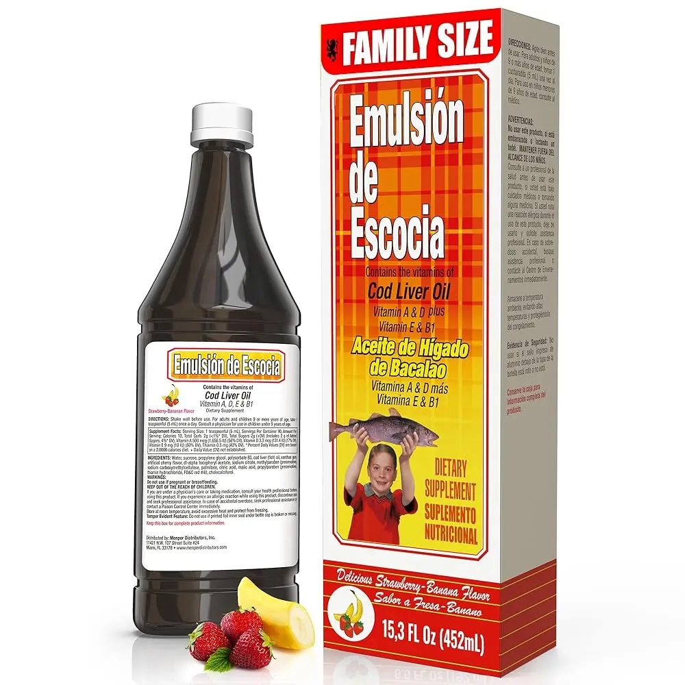 Emulsion de Escocia Kids' Edible Liquid Cod Liver Oil Fish Emulsion - Scottish Dietary Supplement, 15.3 Fl Oz 1-Pack or 6.5 Fl Oz Bottle, Strawberry-Banana & Cherry Flavors, Artificial-Free, Vitamin-Infused, Immunity Boost, Supports Metabolism & Energy, N