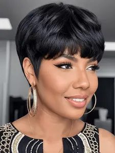 Human Hair Short Wigs Pixie Cut Wigs with Bangs Short Black Layered Wavy Wigs for Women 1B Color Elegant Wig
