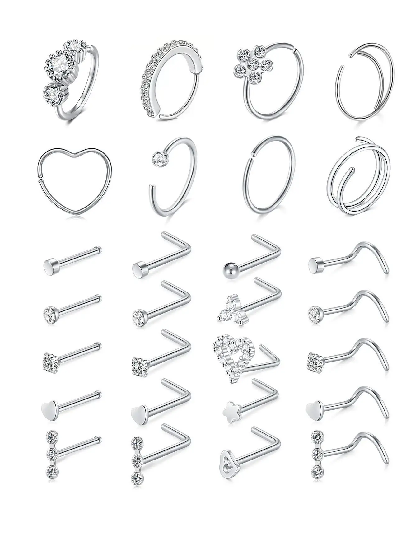 Cute Heart & Flower Decor Nose Ring Set, Stainless Steel Nose Hoop & Nose Studs, Nose Screw Bone Silver Rose Gold Black Rainbow Pack for Women Men