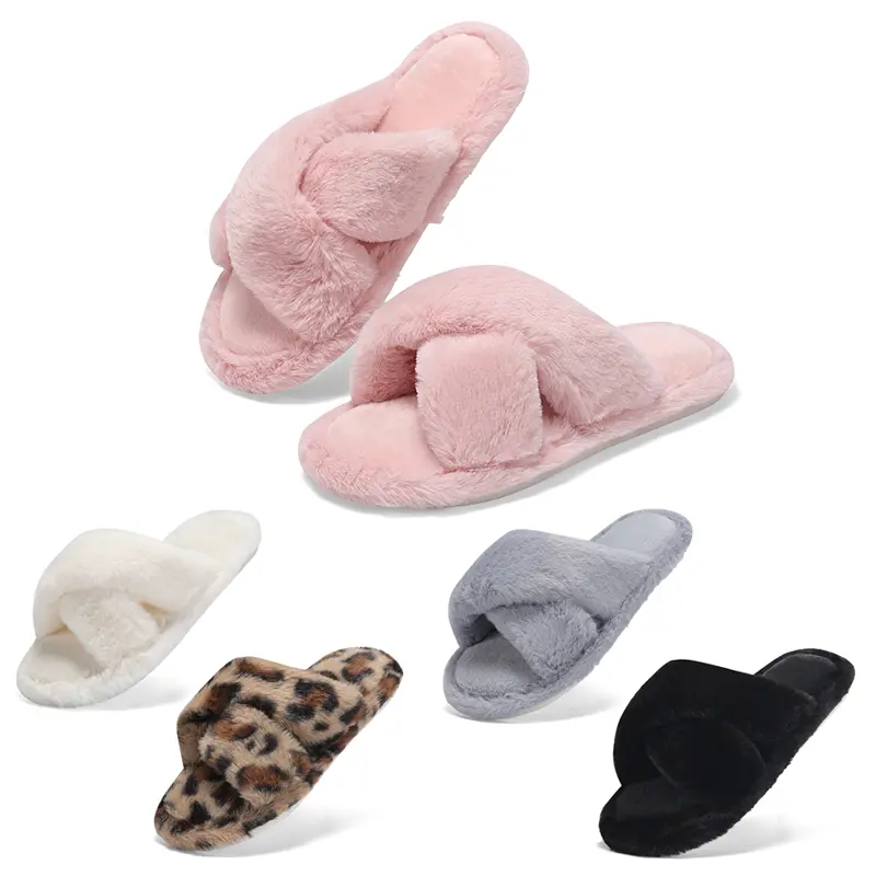 Fuzzy Cross Band House Slippers - Women's Open-Toe Faux Fur Slides with Memory Foam, Non-Slip Sole, Cute Soft Slipper, Perfect Bridesmaid Gifts, Girl Fur Flipflop Walking Shoes, Fluffy Modern Sleeper, Mother's Day Gift