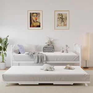 Daybed With Trundle Metal Twin Size Day Bed With Stylish Headboard Sofa BedFrame With Pop Up Foldable Trundle Bed Heavy Duty Steel Slats Platform for Living Room Bedroom and Guest Room White