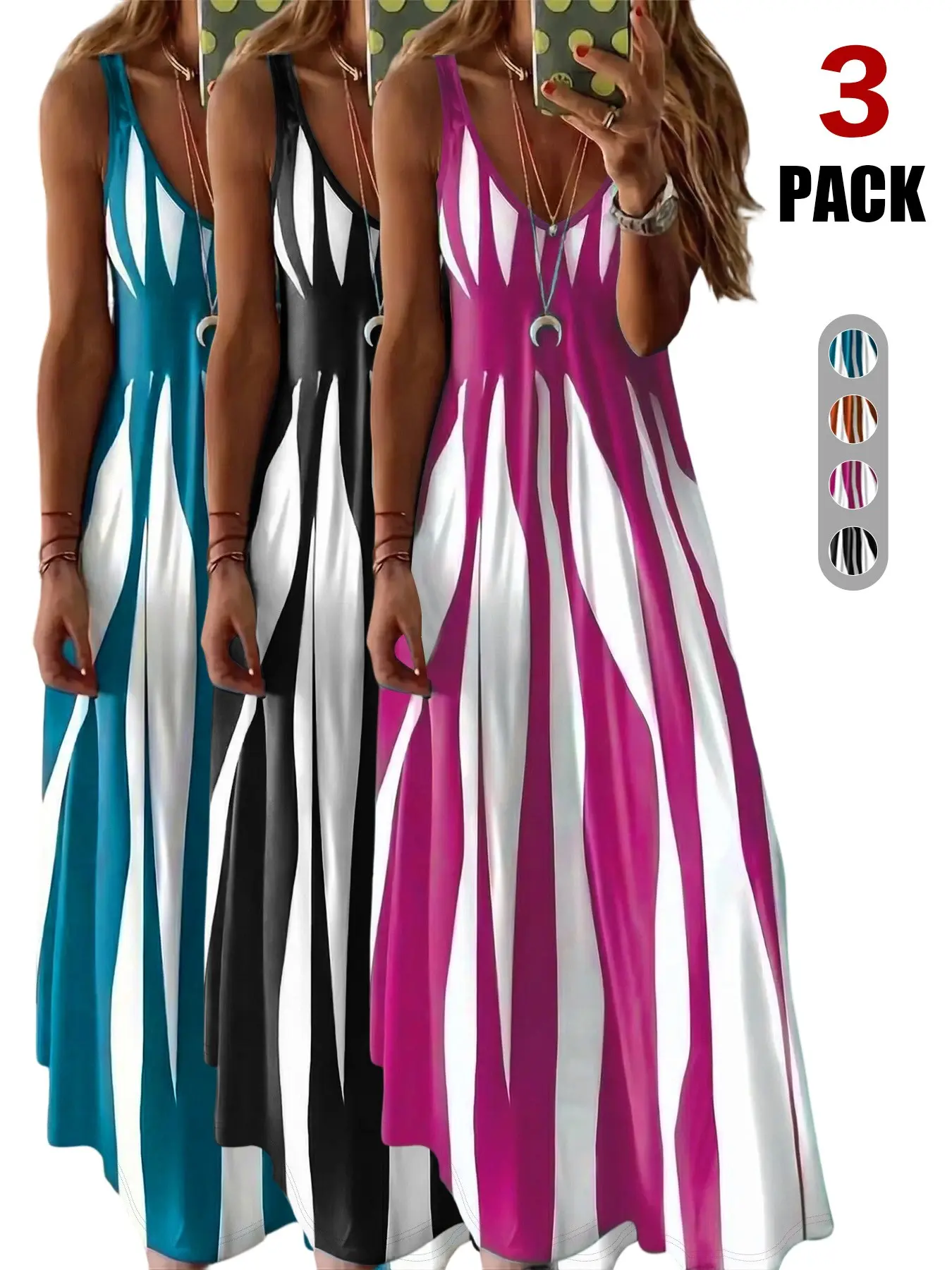 2026 New Elegant V-Neck Long Dress, Striped All over Print, Sleeveless Boho Style, Fitted Cut Out Design, Women's Fashion for Dates and Vacations, Summer
