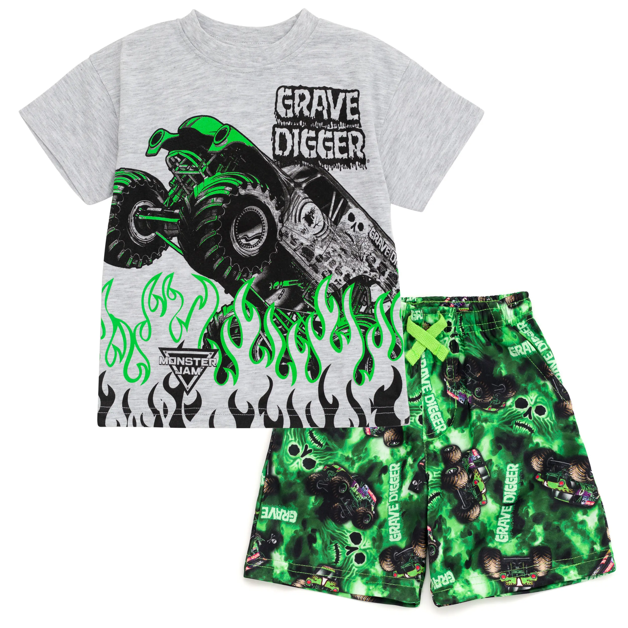 Monster Jam Grave Digger Boys' 2-Piece Active Combined Set - Short Sleeve T-Shirt, Sublimated Tricot Shorts, Sporty Chic Checkerboard Grey, Toddler to Big Kid