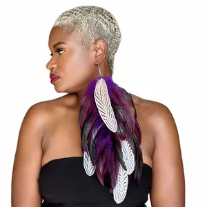 Feather Earrings, Purple Schlappen and Natural Silver Long Dangle Earrings, Female, Casual, Elegant Ethnic
