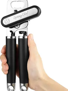 Spring Chef Stainless Steel Can Opener - Manual with Soft Grip Handles, Easy Turn, Heavy Duty Hand Can Openers for Seniors with Smooth Edge - Magnetic Lid Remover - Black