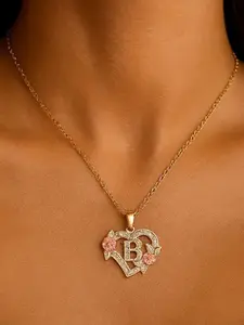 A-Z Letter Heart Pendant Necklace, Initial Necklace, Elegant Zircon Rose Gold Flower Letter Heart Chain, Alphabet Pendant, Jewelry Gift for Mom, Mother's Day Present, Heart Shaped Pendant, Heart Letters Necklace