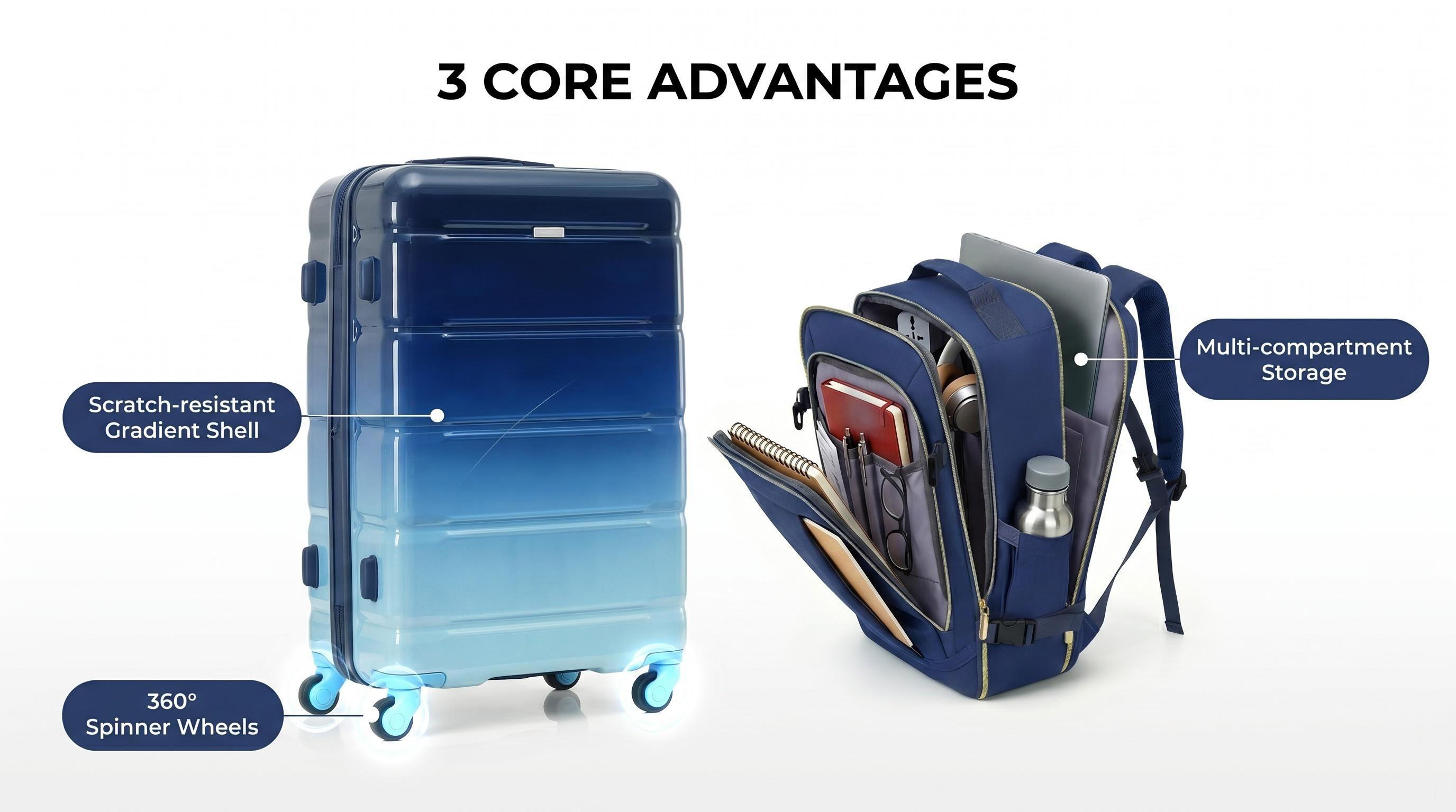 Light Blue Full Hard Shell Luggage Sets - 3-Piece Matched Travel Kit with 20/24/28In 4-Wheeled Carry-On/Checked Baggage, Stylish Gradient Suitcase, Travel Bag, Wash Bag & TSA Lock, Waterproof, International Travel