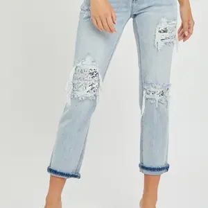 RISEN Mid-Rise Sequin Patched Jeans
