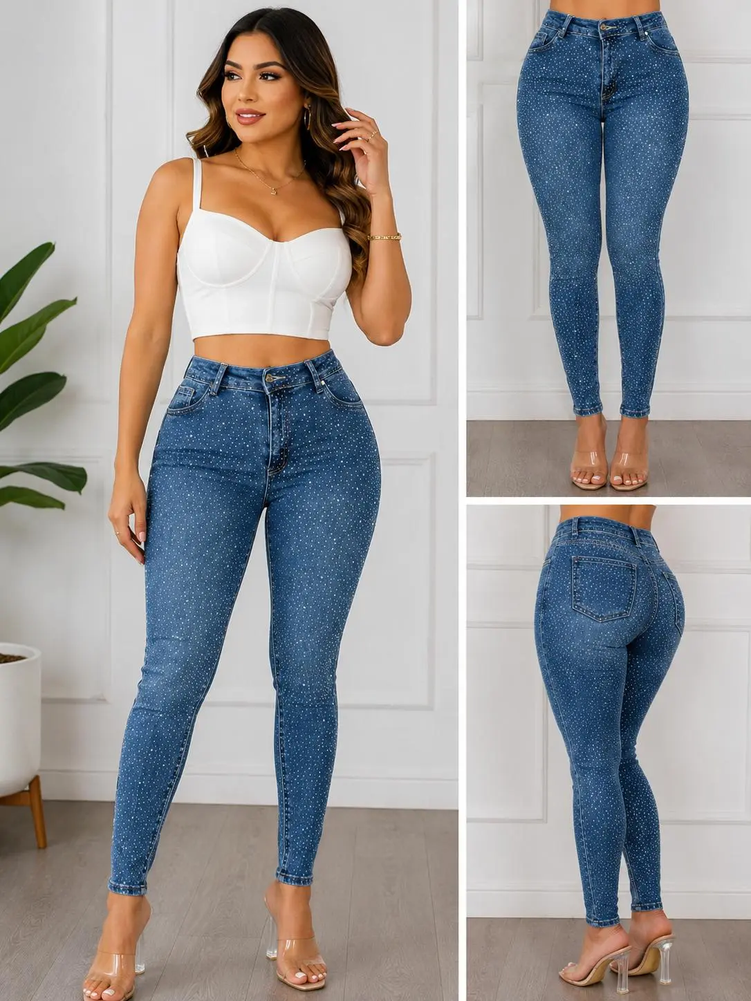 Jeans Skinny de Cintura Alta para Mujer con Pedrería Brillante y Tela Stretch