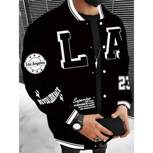 Men's Los Angeles LA Baseball Jacket - Red & Black with White Lettering, "SUPERIOR QUALITY" Embroidery, Lightweight Warm Polyester Varsity Coat, Snap Closure, Machine Washable, Hip Hop Rock Style Urban Streetwear, Snap Button Closure, Casual Outerwear, L