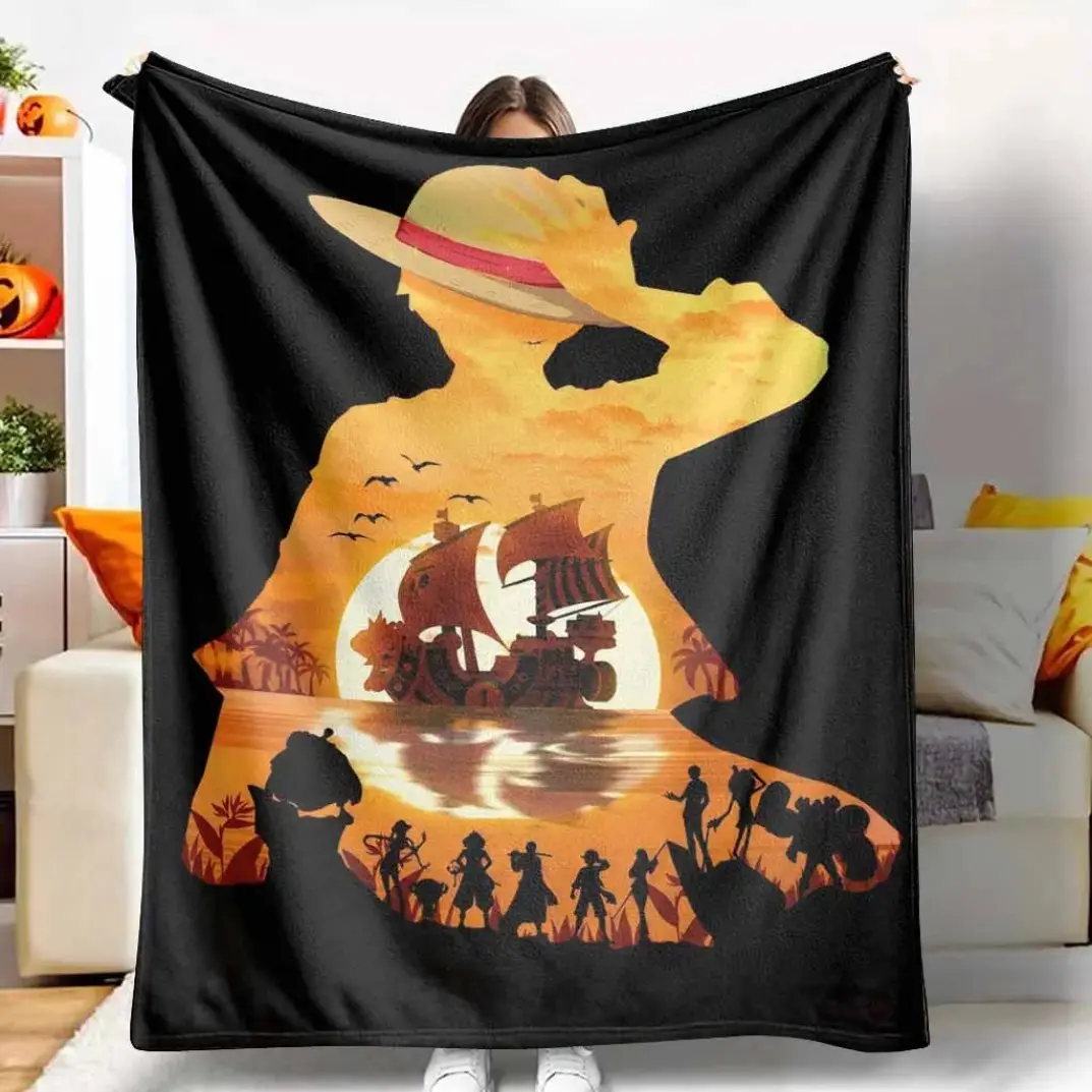 Sunset Pirate Ship Flannel Blanket, Tropical Adventure Silhouette Soft Cozy Throw for Adults Kids, Sofa Bedroom Travel Camping Gift Decor