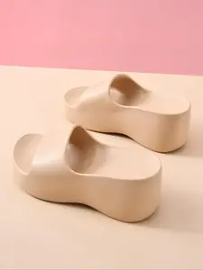 Women's Solid Color Slides, Casual Comfortable Breathable Non-Slip Slippers, Summer Barefoot Shoes for Indoor Outdoor Wear