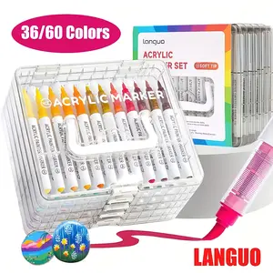 Languo Acrylic Marker Set with Storage Box, Self-Control Soft Brush Head, Fast Drying Ink, Ideal for Rocks, Wood, DIY, Ceramics, Fabric Painting, Diy Painting Supplies, Acrylic Painting Pen