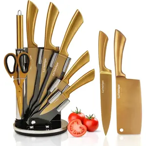 Luxury Gold Knife Set With Block RodSharpener |     8 Pieces Black and Gold TitaniumCoated Steel Gold Kitchen Knife Set with Block, Super Sharp Cutlery |     Gold Knives Set (silver with gold)