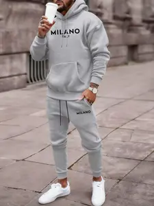 Men's Milano Letter Pattern Hoodie Set, Kangaroo Pocket Drawstring Hooded Sweatshirt + Waistdrawstring Pants 2 Piece Set, Casual Fall & Winter