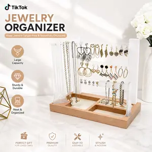 Modern Rectangle White Acrylic Jewelry Organizer Stand with Wood Base - 3-Tier Racks for Earrings, Necklaces, Bracelets, Velvet Ring Tray & Storage Box Set