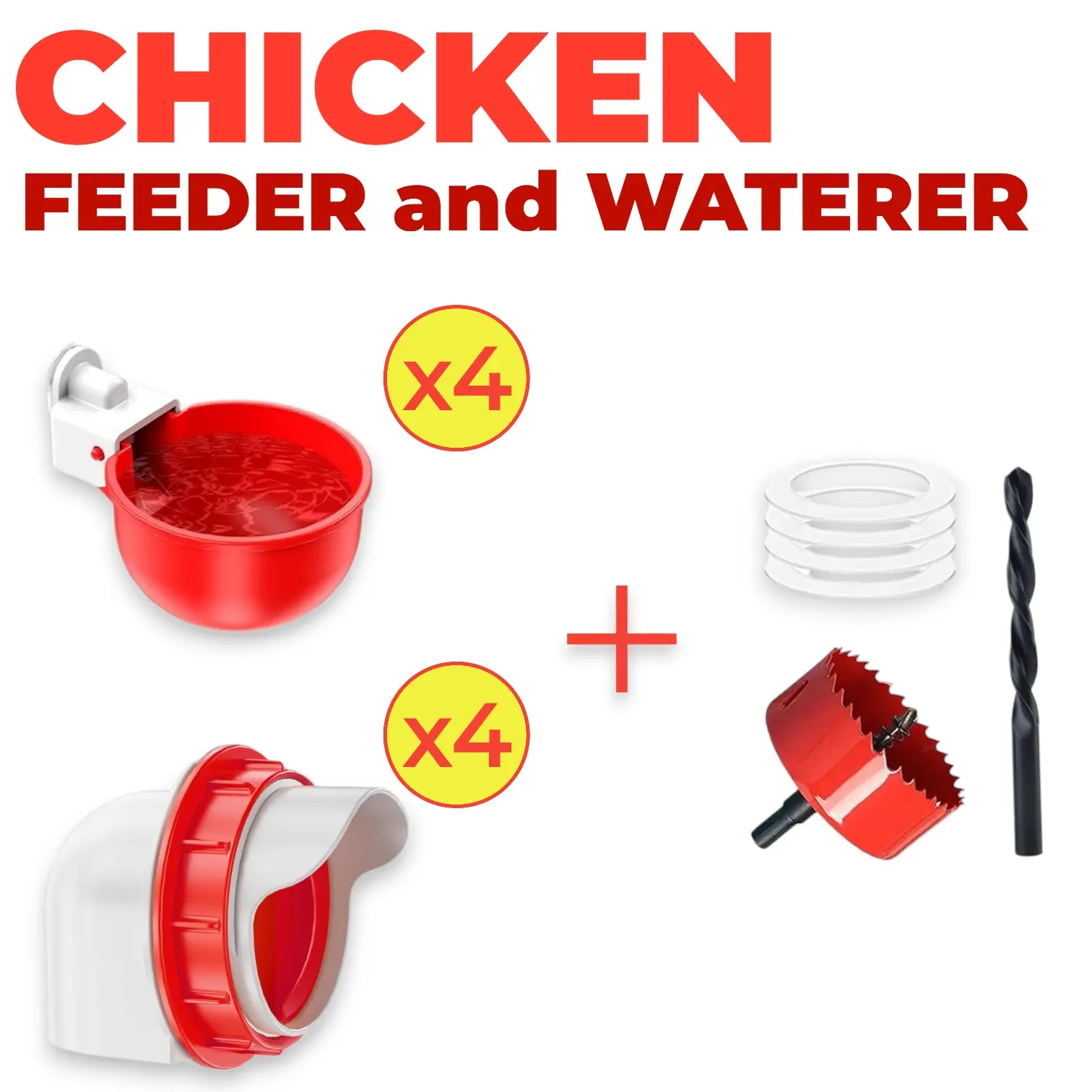 Gravity Poultry Feeding & Watering Combo Kit - 4-Port No-Waste Backyard Flock Feeder, 4 Automatic Water Cups, Automatic Feeder and Waterer Tools, Multi Chicken Feeding Gear, Automatic Feeder And Waterer Feeding Tools