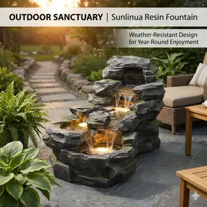 37" L Garden Outdoor Water Fountain, Indoor Water Features，Floor Standing 5-Tiers Rock Natural Waterfall Outdoor Fountains with LED Lights for Patio, Porch, Home Art Decor