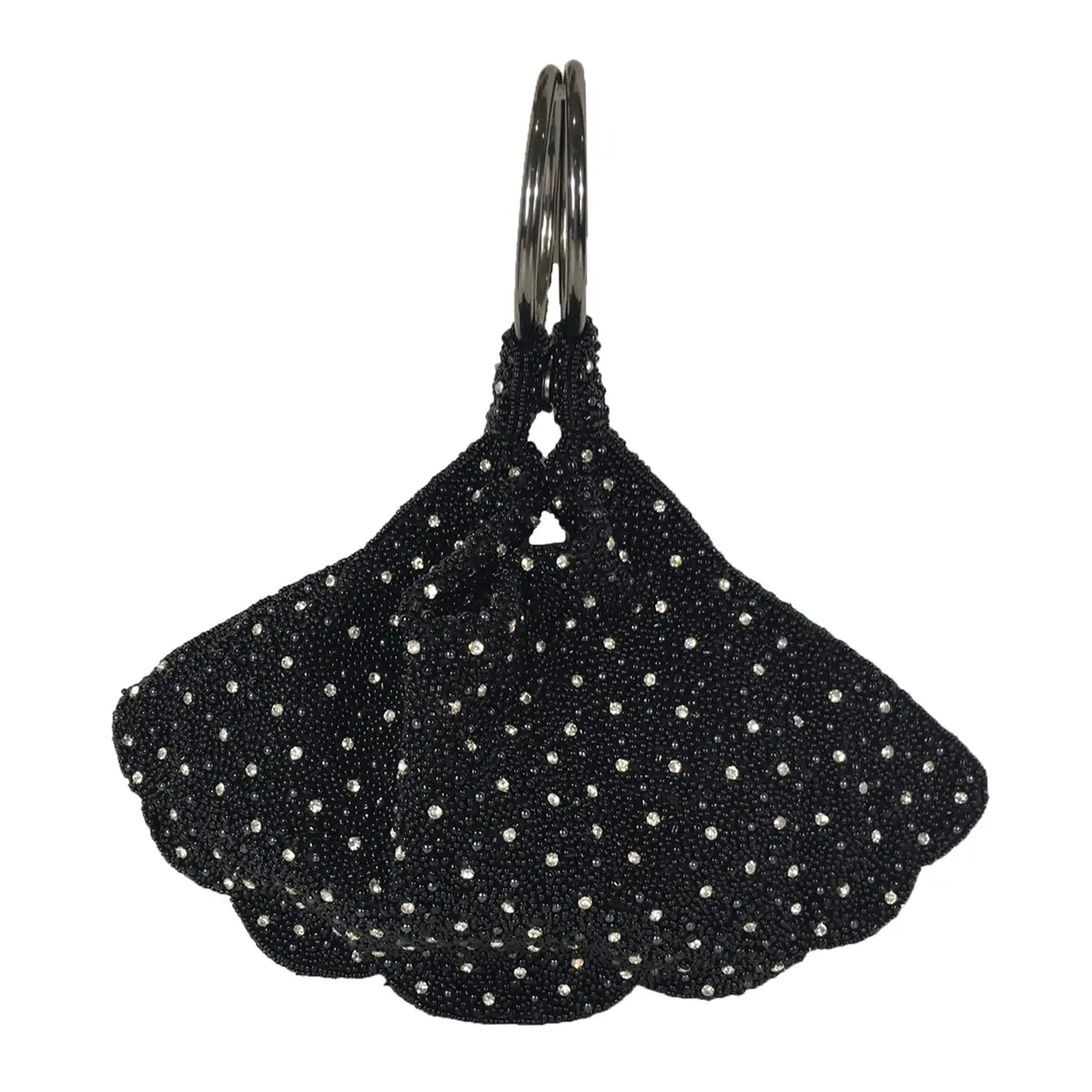 FSX Elegant Women's Evening Party Clutch Bag - Black/Silver, Hand-Crafted Glass Beaded, Scalloped Trim, Double Bangle Handle, Snap Zip Multi-Function Wristlet, Beads, Hand-Beaded