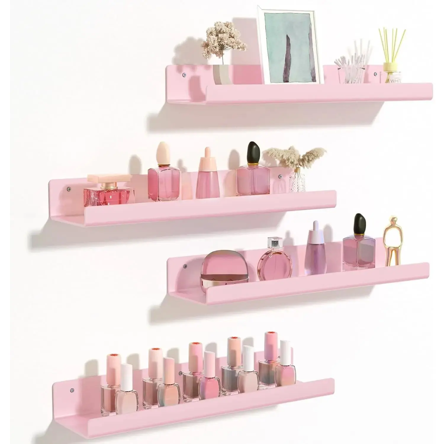 Pink Acrylic 1-Layer Wall-Mounted Floating Hanging Shelves Set - 4-Piece 15in Decor Display Rack, Waterproof Home Supplies, 5-10 Kg Capacity Adjustable Kids’ Storage for Bathroom, Books