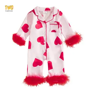 Newborn Baby Girl Valentine's Day Pajamas Feather Trim Long Sleeve Button Up Heart Satin Pjs