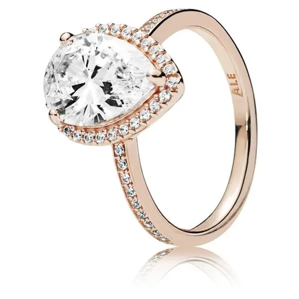 PANDORA Ring in PANDORA Rose with 1 claw-set pear-cut CZ and 46 bead-set clear CZ 186251CZ-50