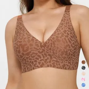 Popilush Wireless No Underwire Leopard Print Jelly Bra Everyday Comfort Push Up Seamless T-Shirt Bra with Minimizer & Adjustable Straps Fit Minimalist Fabric Womenswear Soft Fit Smooth Yarn Basic Lady Underwear