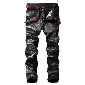 [HME] H058-Fashionable Tie-dye Men's Jeans, Mid-waist Stretch Slim Straight Leg, Three-dimensional Cut And Patchwork Design, Retro And Aged Street Style, Built-in YKK Zipper Closure, Street Cool And Stylish Men's Denim Trousers