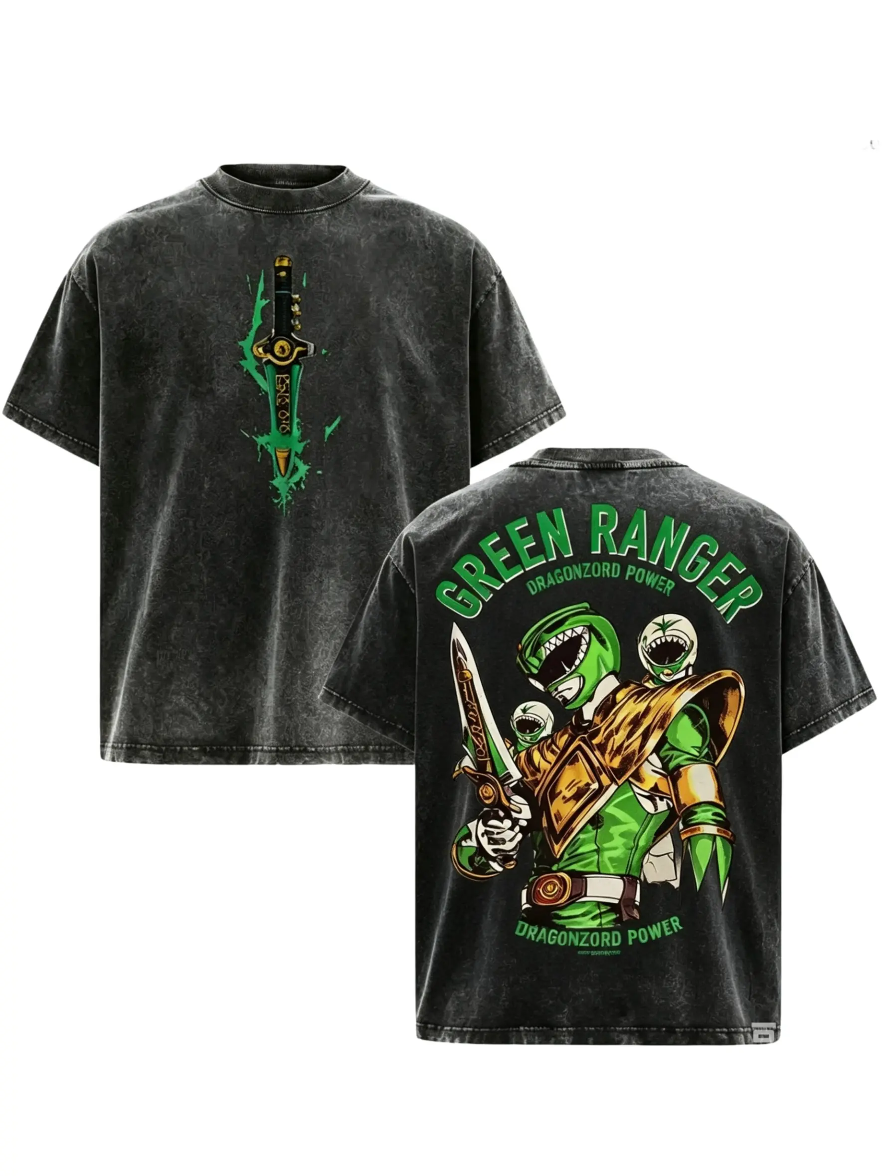 Green Ranger Dragonzord Power Double-Sided Vintage Washed Distressed Graphic T-Shirt, Unisex Oversized Cotton Power Rangers Streetwear Short Sleeve Top, Classic Retro TV Show Fan Merch, Ideal Gift for Power Rangers Collectors, Off Campus Outfit