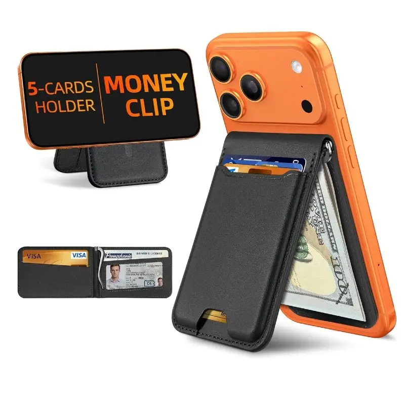 Magnetic Wallet with Money Clip, Strongest Magnetic Wallet for iPhone 17/16/15/14/13/12 Series, Adjustable Stand, ID Window, 5 Card Holder, Vegan Leather SummerWins