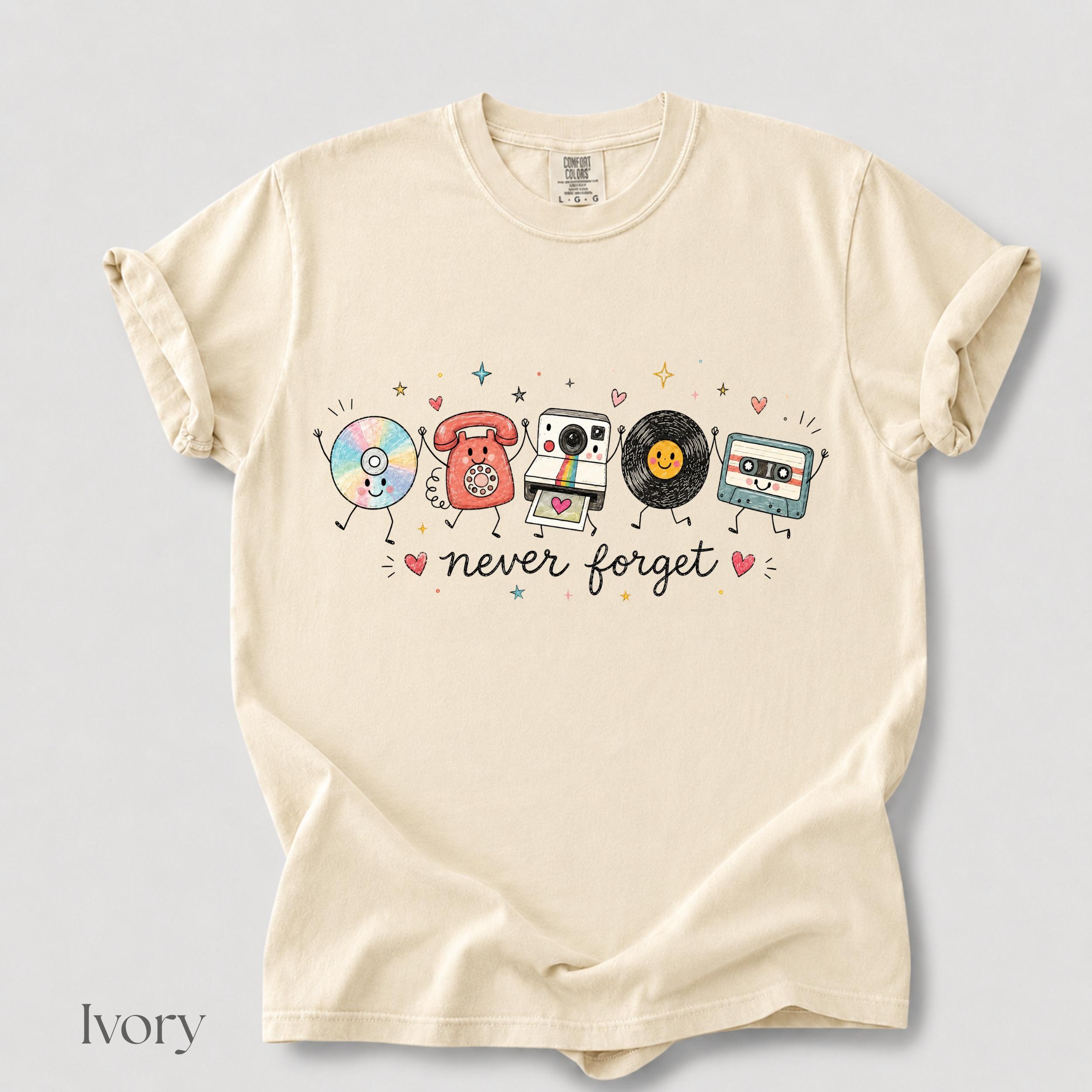 Comfort Colors Never Forget T-Shirt, Cute Retro Vinyl Sublimation Tee, Retro Nostalgic 90s Shirt, Graphic Tee for Women