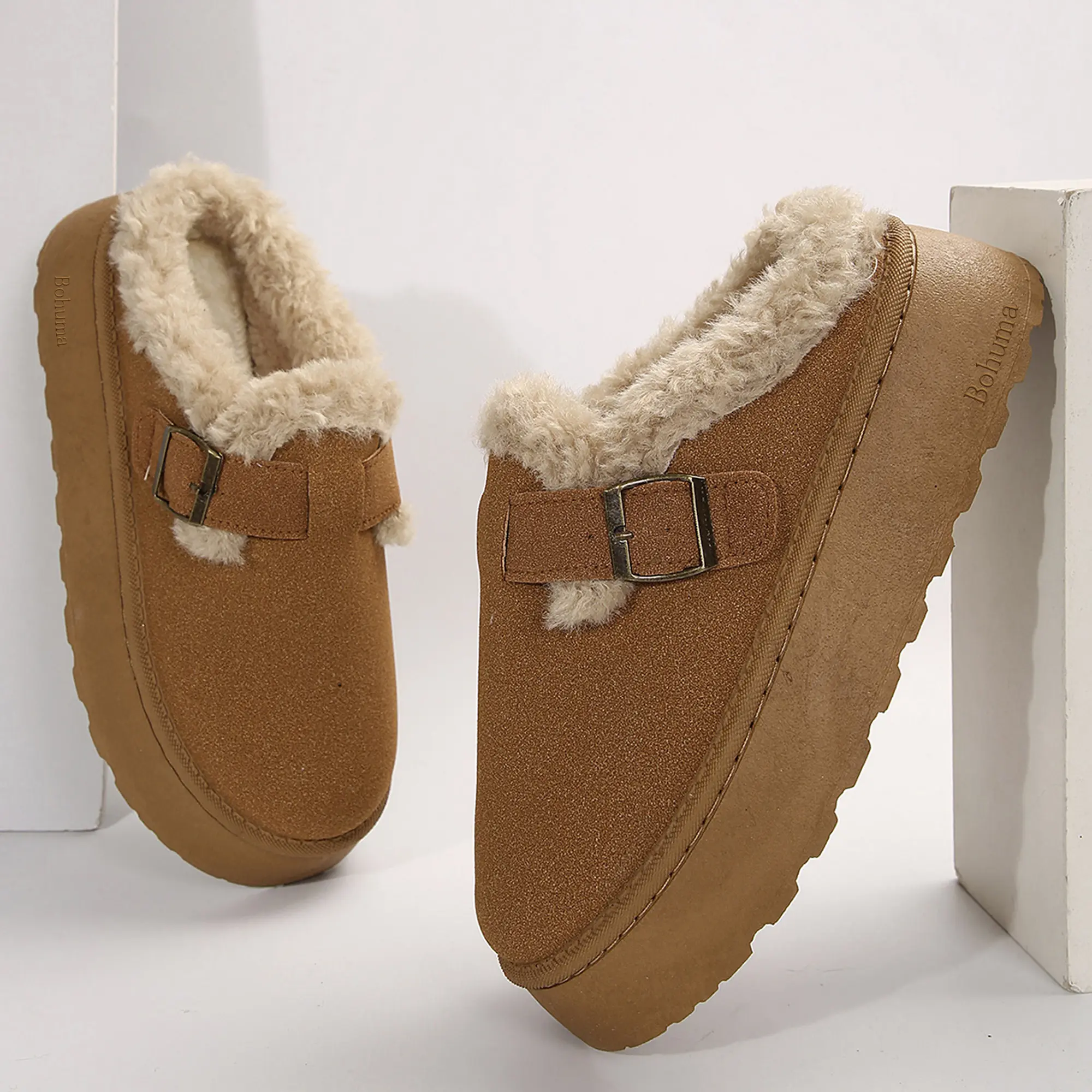 Women's Slippers Platform Mini Boots Short Ankle Boot With Buckle Fleece Lined Winter Warm Indoor Outdoor Thick Sole Plush Slipper Boots Springfresh Classic Walking Shoes