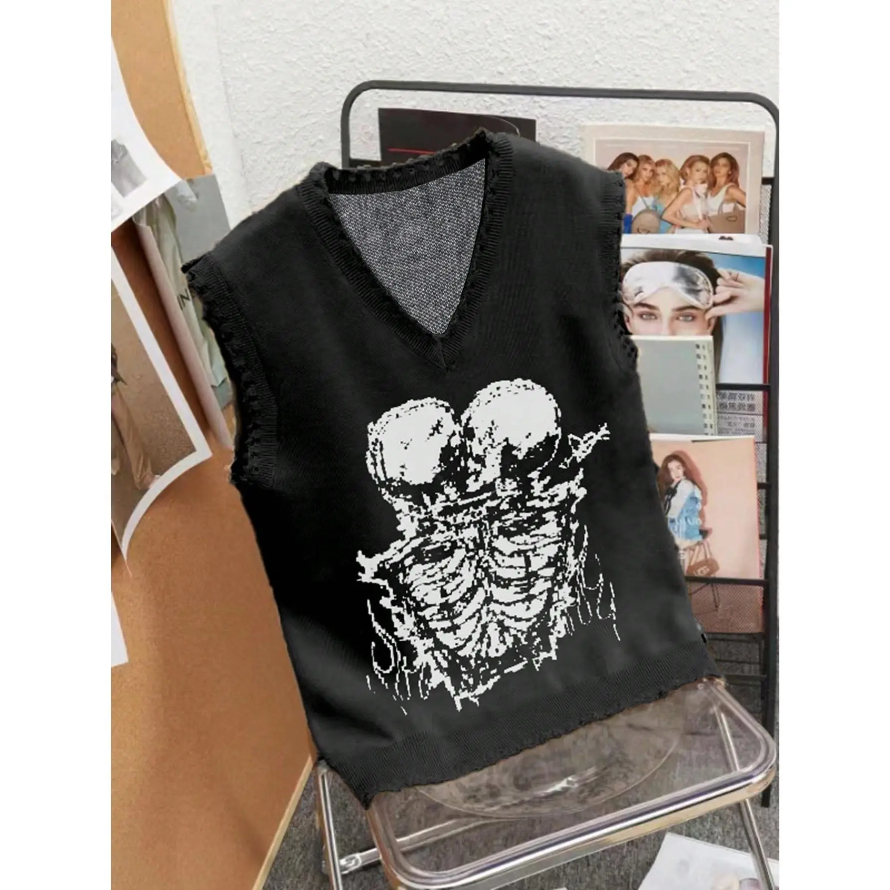 Men's Gothic Skull Sweater Vest, Distressed Knit Punk Top, Unisex Casual Streetwear for Fall & Winter, Soft, Sleeveless, Graphic, Edgy Skull Motif, Mensfashion, Cargo Pants, Jackets, Ripped