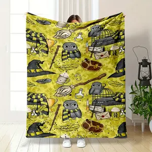 Harry Potter Themed Flannel Blanket, Adorned with Cute Owls in Hufflepuff Scarves, Witch Hats, Magic Wands, Brooms, and Vintage Spell Books, Potion Bottles. The Warm Yellow Background Matches the