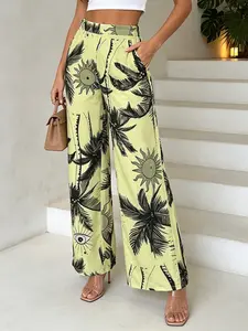 Boho Street Style Women's Printed Wide Leg Pants, Elastic Waistband, Side Pockets, Casual Halloween Print, Y2K Fashion Trend, Floral Pants