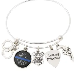 Police Support Charm Bracelet – Silver Plated Expandable Bangle with Handcuffs, Badge, Revolver, and “I Love My Policeman” Charms