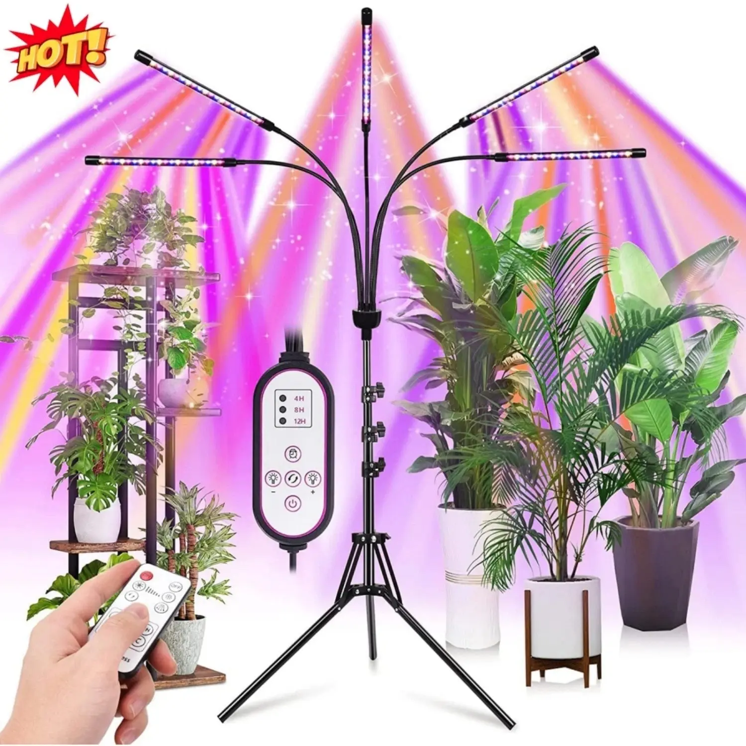 5-Head Full Spectrum LED Grow Lights (2026 Model) - Round Lightweight Metal, Energy Efficient, 15-60" Adjustable Tripod Stand, Red Blue White Light, Remote Control Protects Eyes, Auto Timer for Busy Days
