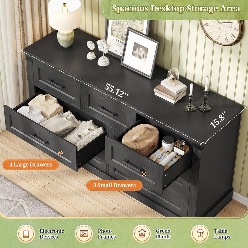 Hasuit Black Dresser for Bedroom, Wooden 55.1" Long Dressers Chest of Drawer, Farmhouse 7 Drawer Dresser with Thick Styling, Large Capacity Storage Cabinet Organizer, Wide Dressers for Bedroom Hallway