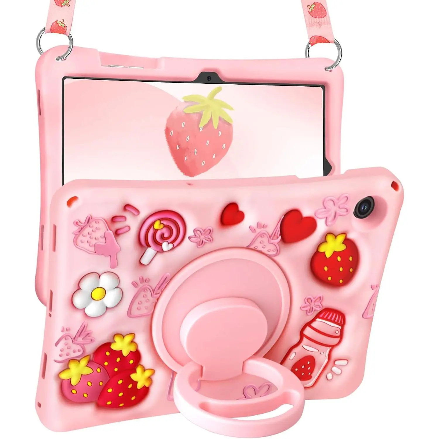 Soft Silicone Protective Casing for 2023 Samsung Galaxy Tab A9 Plus 11in Tablet - Detachable Adjustable Strap, Rotating Stand, Novelty 3D Strawberry Cartoon Design for Girls - Tablet Accessory with Protection