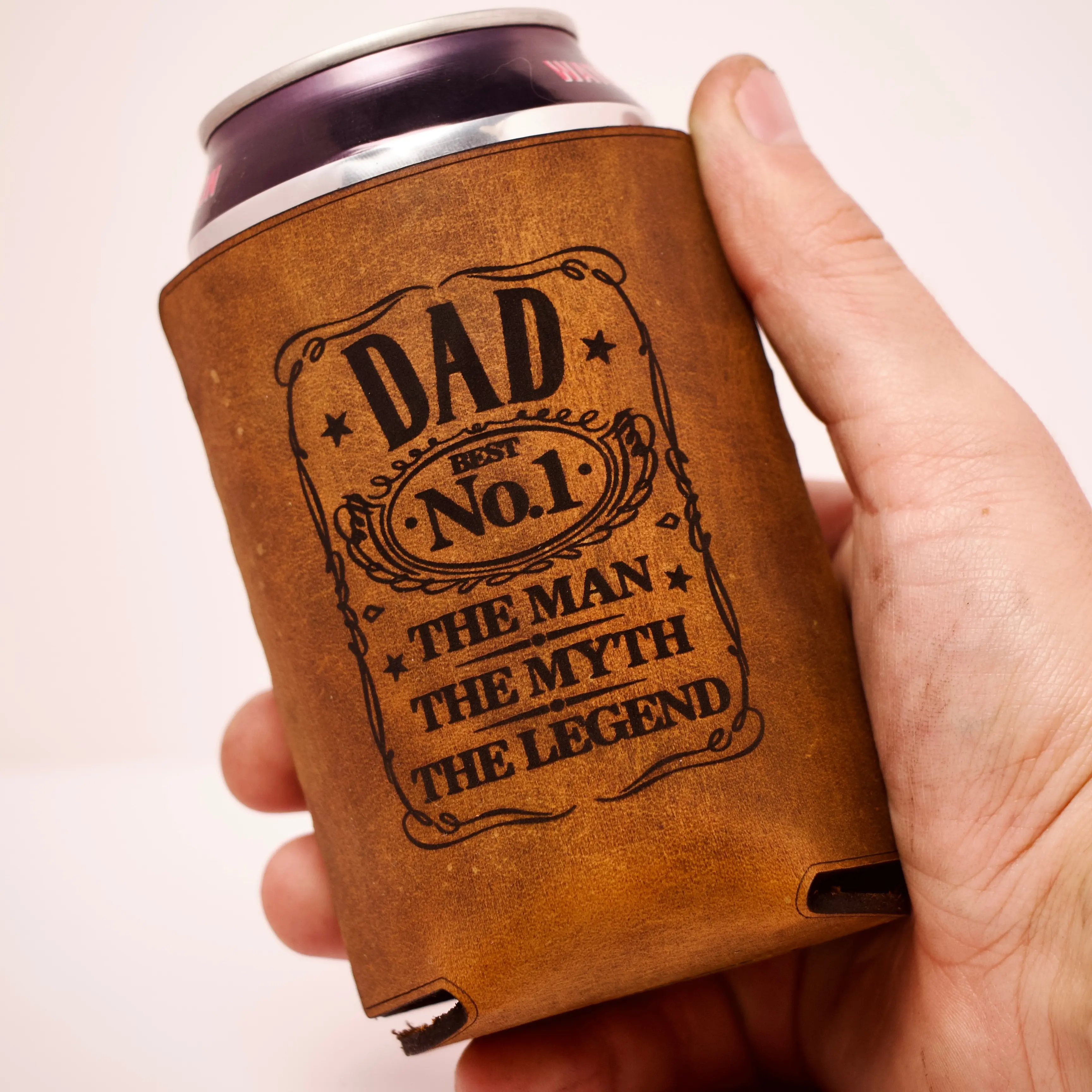 Handmade Leather Koozie Personalized Dad Best No 1 The Man The Myth The Legend Design for Unique Gift Father’s Day Fits 12 oz Can Drinkware