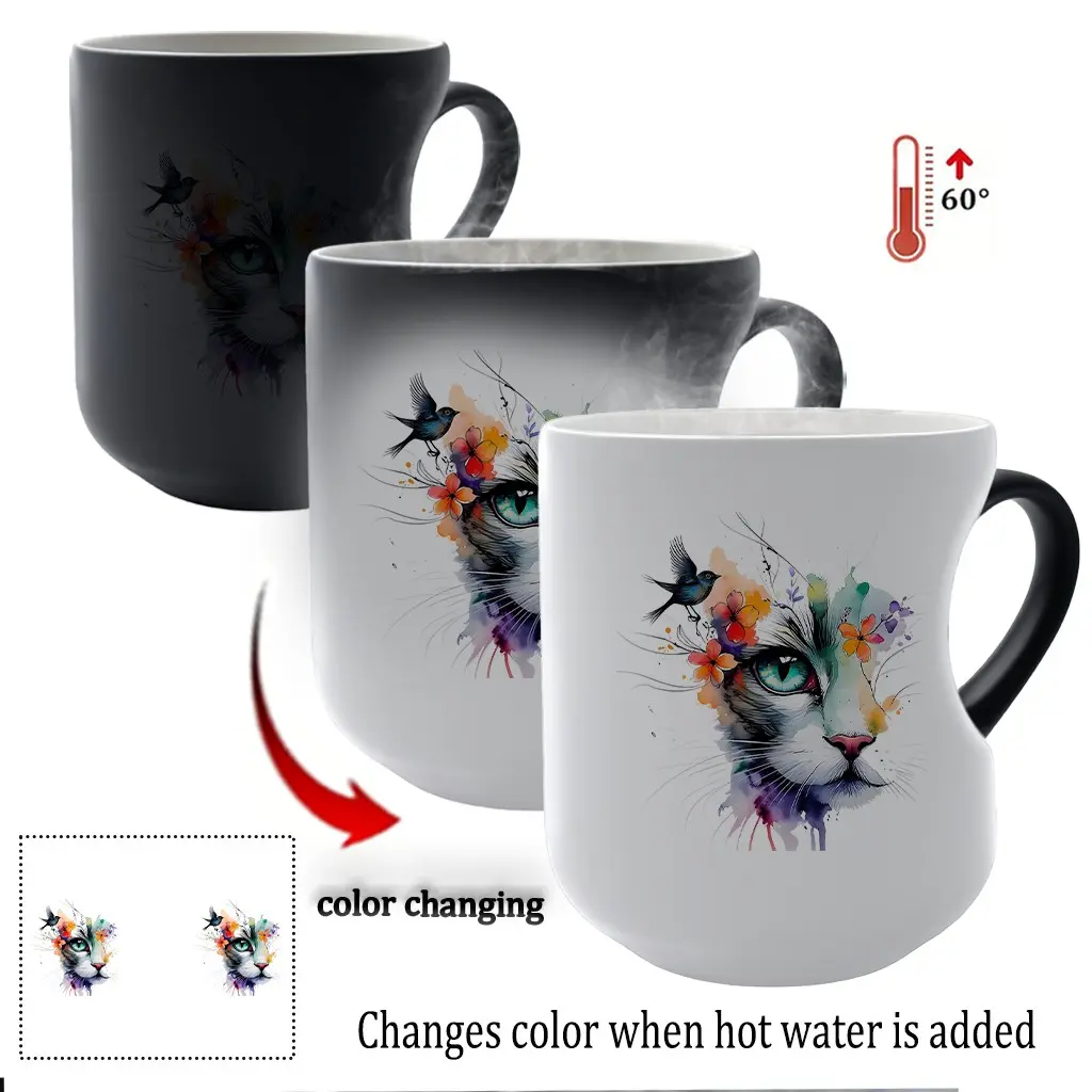 Whimsical Watercolor Cat Ceramic Mug, Thermal Sensitive Design, 11oz Capacity, Perfect for Coffee Lovers & Unique Gifts, Model Xinghao Yx20240506