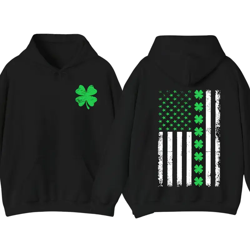 Men's Cotton Long Sleeve Foldable Pullover Hoodie - Classic Ribbed Shamrock American Flag Graphic Top, St. Patrick's Day Irish Pride Patriotic Holiday Party Gift