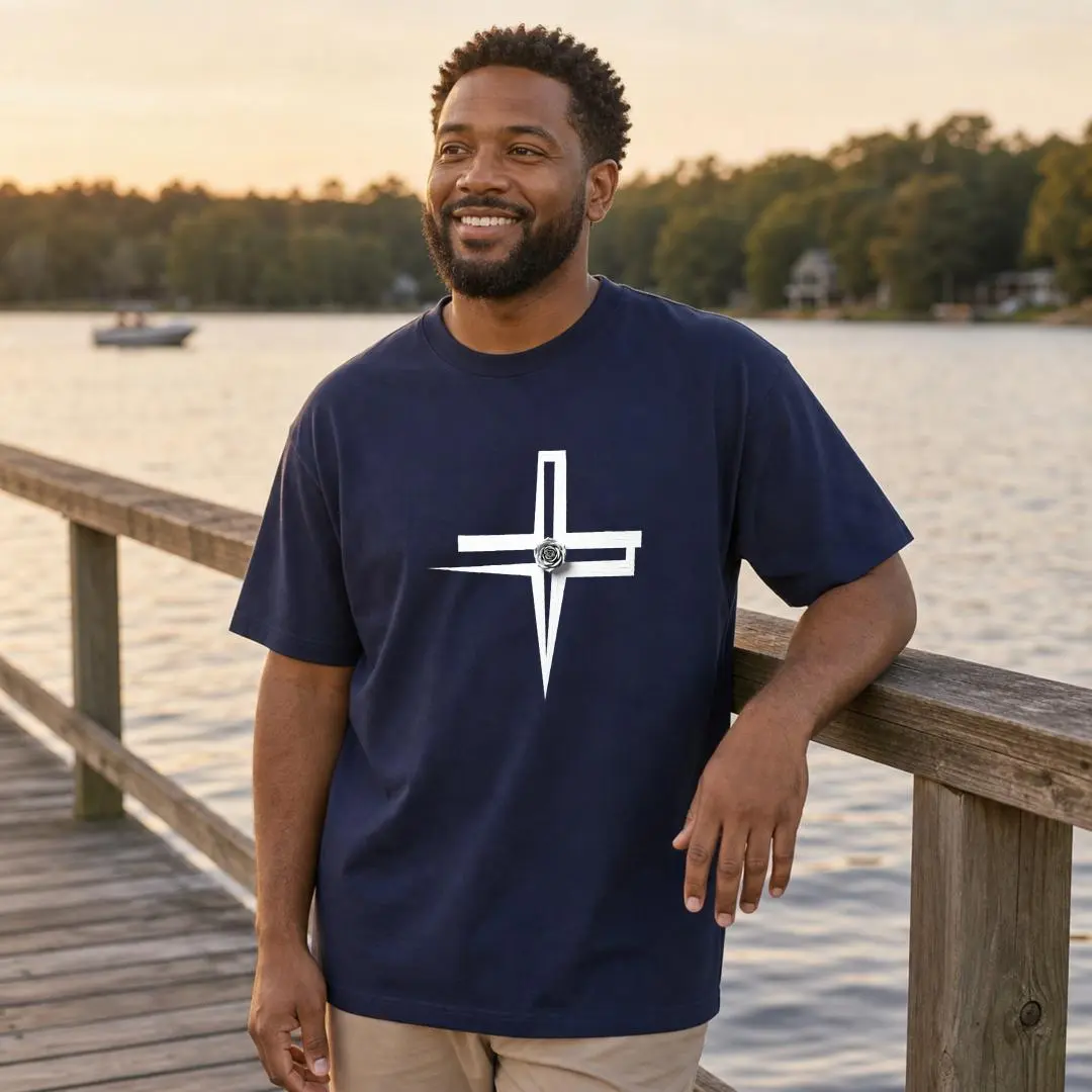 XTAUTO  Minimalist Cross Design, Unisex T-Shirt, Nautical Compass Symbol, Summer Lakeside Casual Wear, Gift For Men And Women