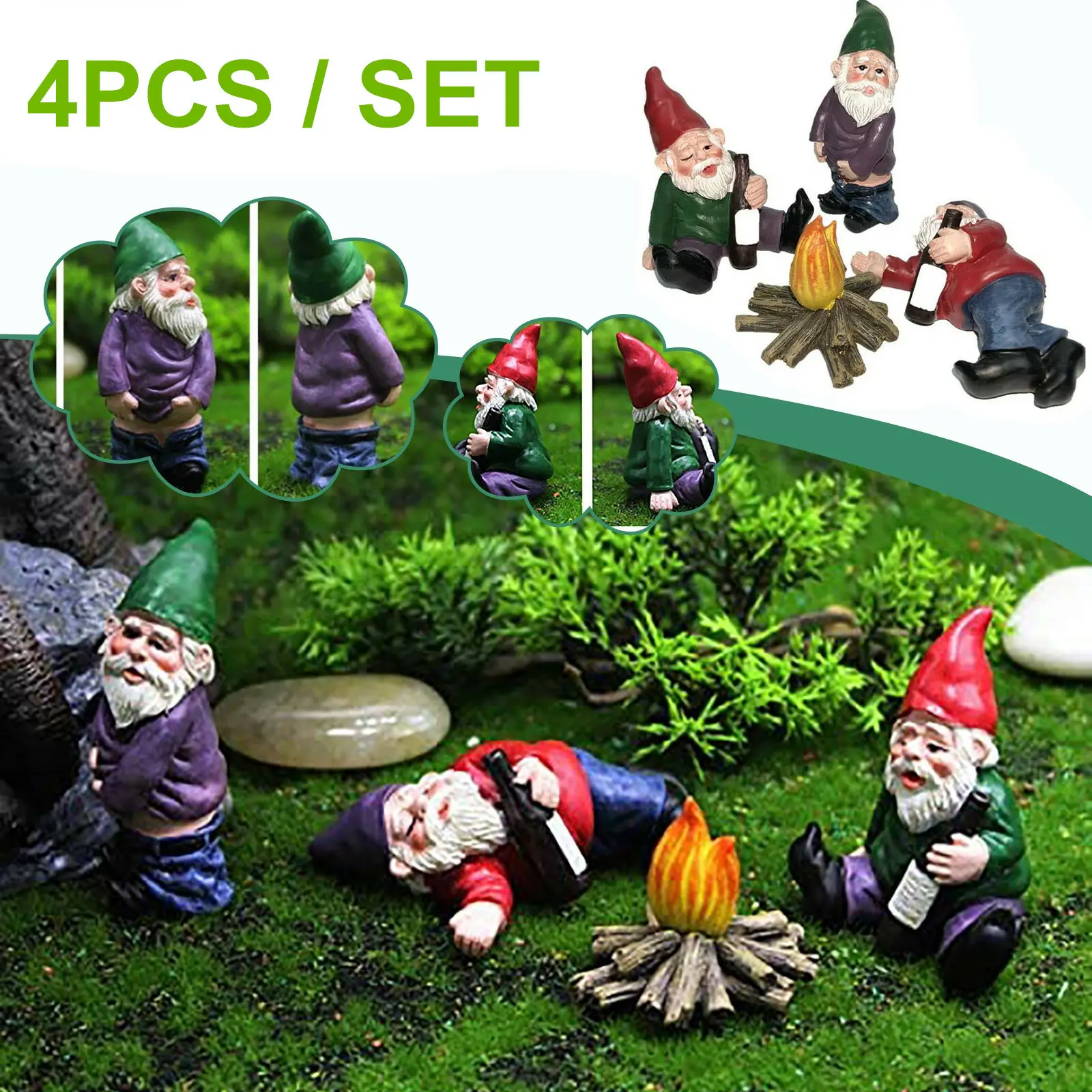 4PCS Funny Drunk Gnome Set – Mini Fairy Garden Dwarf Figurines & Yard Décor Gift Yard Decor