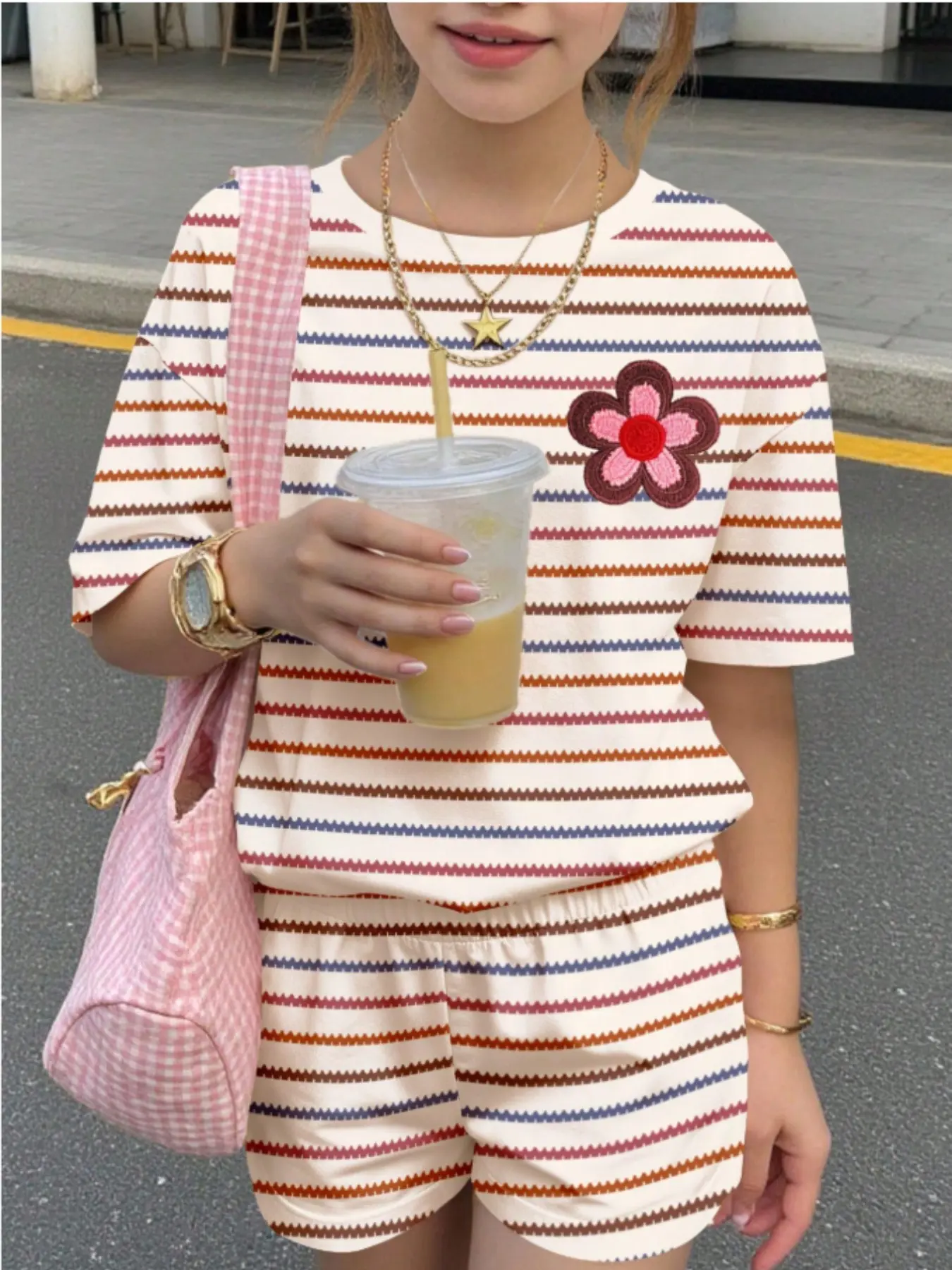 Teen Girl Casual Everyday Striped Floral Print Set Clothes, Soft Loose Round Neck Short Sleeve T-Shirt and Shorts, Spring Summer Daily Wear, Outfit