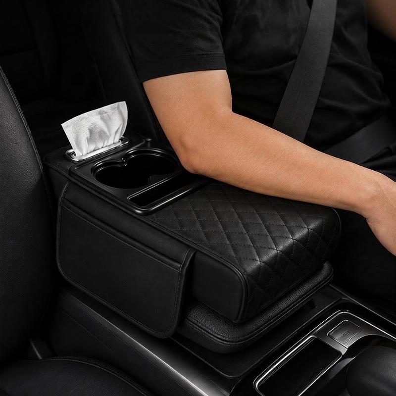 5-in-1 Artificial Leather Car Console Organizer - Auto Accessories Interior Vehicle Accessory, Car Armrest Cushion with 2 Storage Bags, Cup Holder, Tissue Box, Phone Slot for Sedans & SUVs