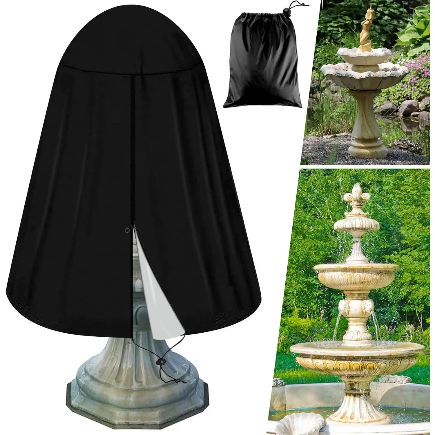 36" x 42" Fountain Cover,420D Oxford Cloth Garden Fountain Statue Cover with  Coating, Fountain Protector with Drawstring for Winter Outdoor Patio Fountain (Black)
