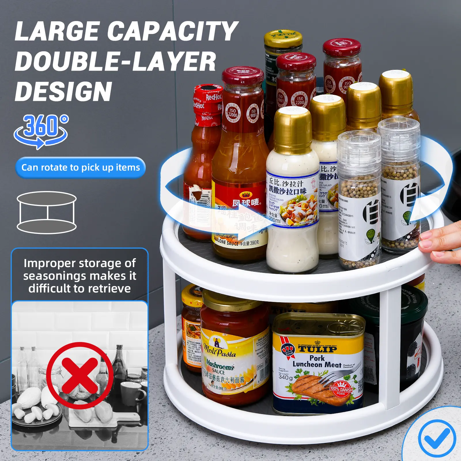 Magic Spin Organizer, 360° Rotating Shelf, Multi-Purpose Rotating Rack, Double-Layer Rotating Organizer, Easy Grab Turntable Organizer, Kitchen & Fridge Rotating Storage, Handy Rotating Storage Tray, No Dead Angle Rotating Rack