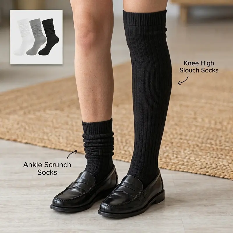 Women's Solid Mid-calf Socks, Casual Stylish Sock,3 Pairs Solid Slouchy Socks, Casual Soft Comfy Warm Knit Socks for Fall & Winter,Women's Socks for Daily Wear | Knit,Comfortable,Boot Socks| Minimalist Lady Basic White Socks Womenswear
